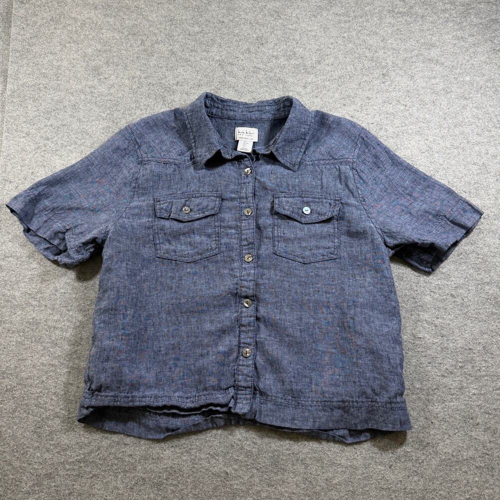 Nicole Miller New York Linen Shirt Womens L Chambray Blue Button Front Western